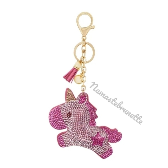 Unicorn Crystal Rhinestone Keychain Bag Charm With Blue Tassel - Picture 12 of 16